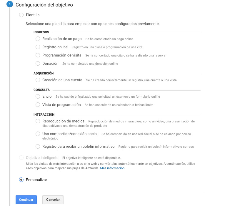 Configuración de objetivo Analytics