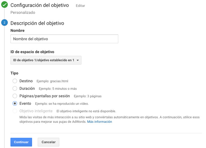 Crear evento Analytics