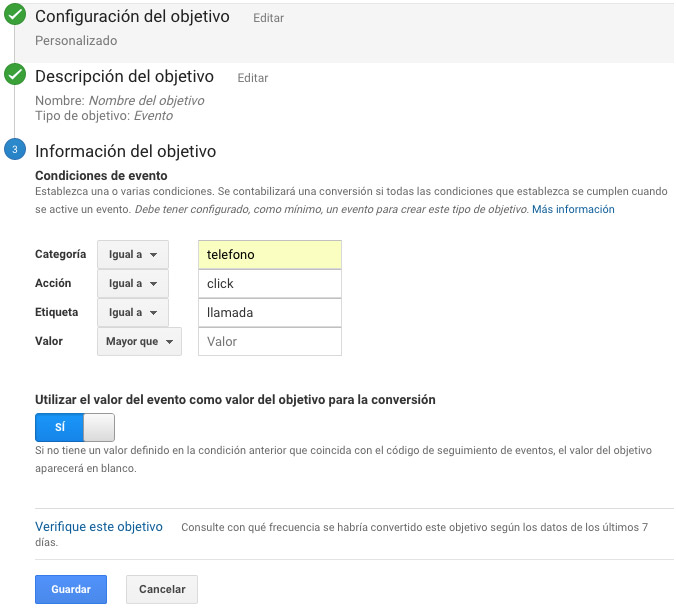 Definiendo valores del evento Analytics